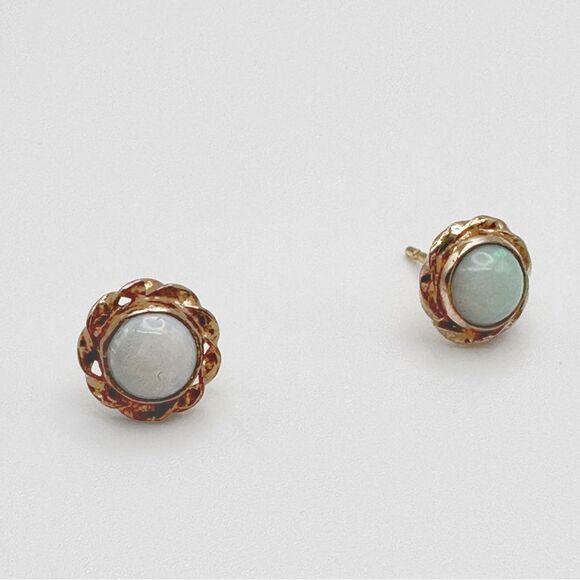 Vintage Round Opal Earrings Gold Tone Braided Studs - Picture 2 of 4